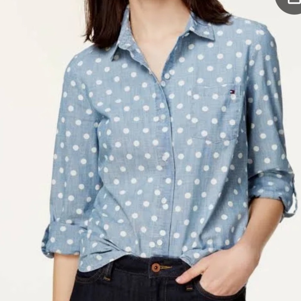 Tommy Hilfiger Womens Medium‎ Polka Dot Chambray Roll Tab Button Shirt